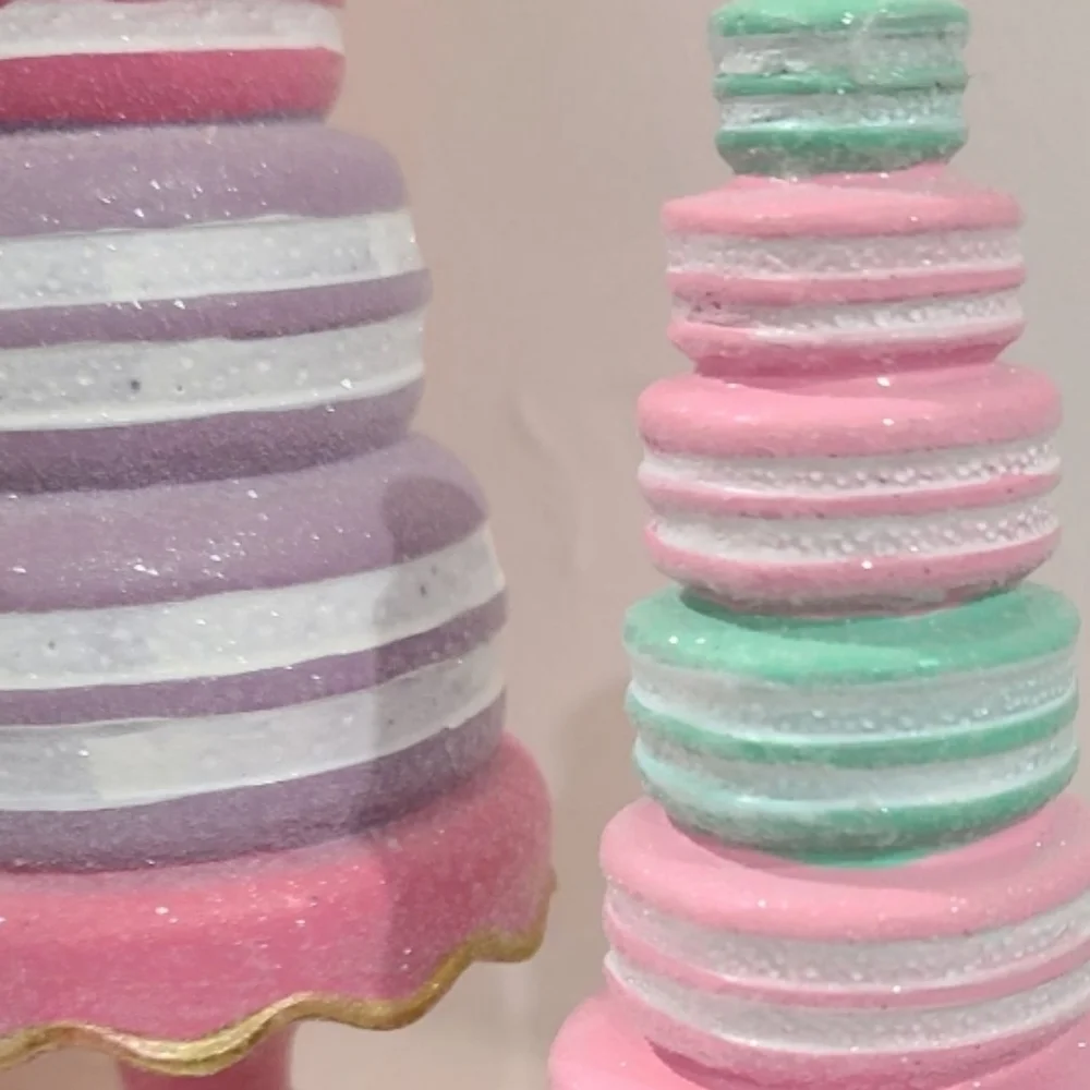 2pc Set Spring Easter Pastel Faux Macaron Tree on Pedestal Sugared Topiary Pink